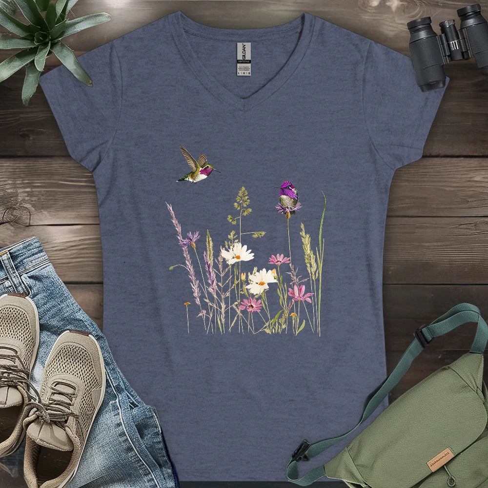 Hummingbirds And Wildflowers Lady V-neck