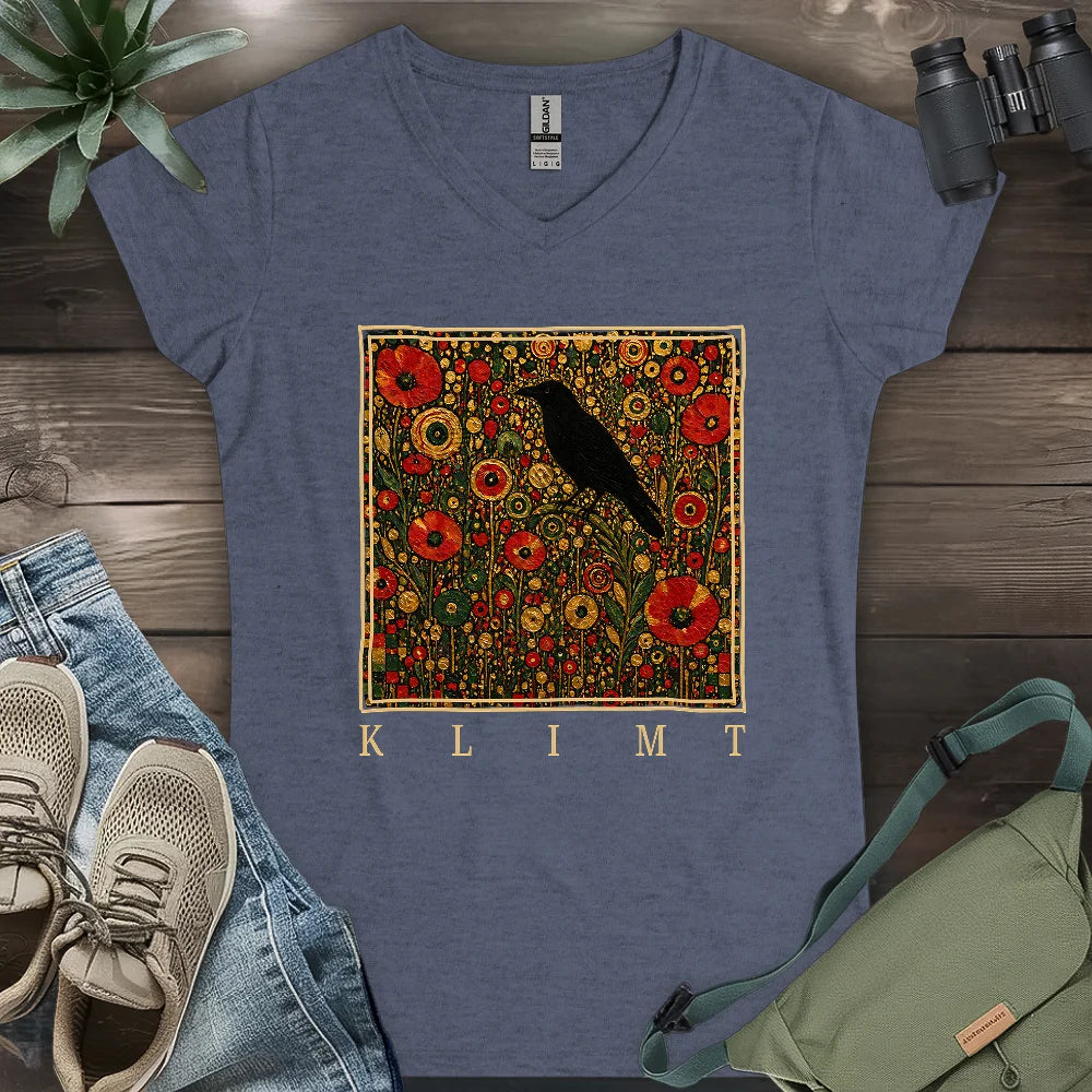 Klimt Raven In Flower Field Lady V-neck