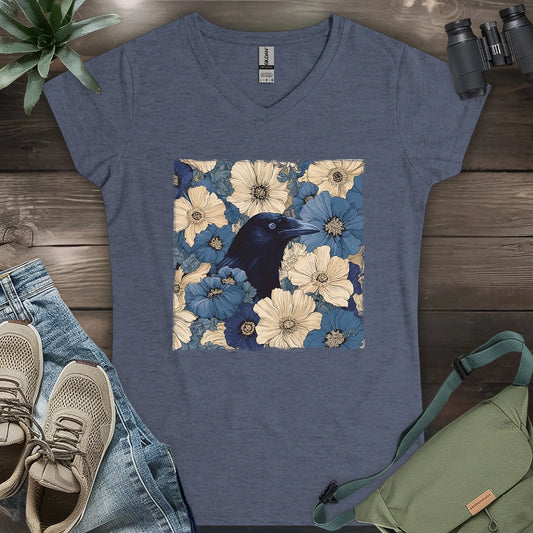Raven In Flower Field Lady V-neck