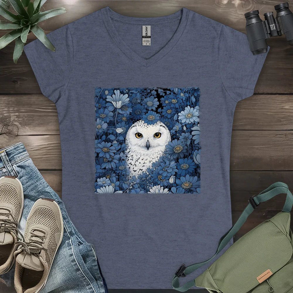 Snowy Owl In Flower Field Lady V-neck