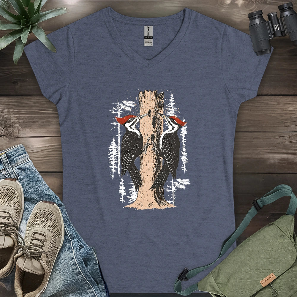 Twin Woodpeckers Drumming Lady V-neck