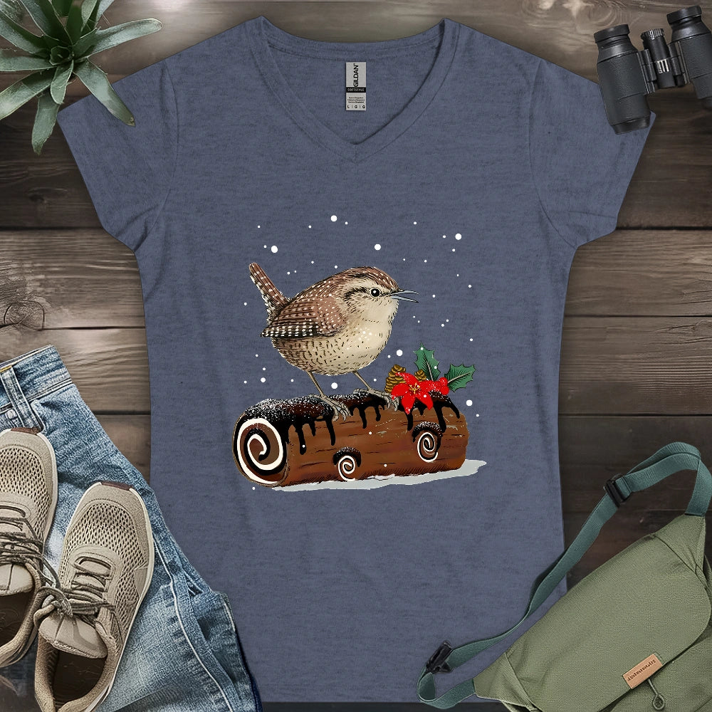 Winter Wren On Yule Log Lady V-neck