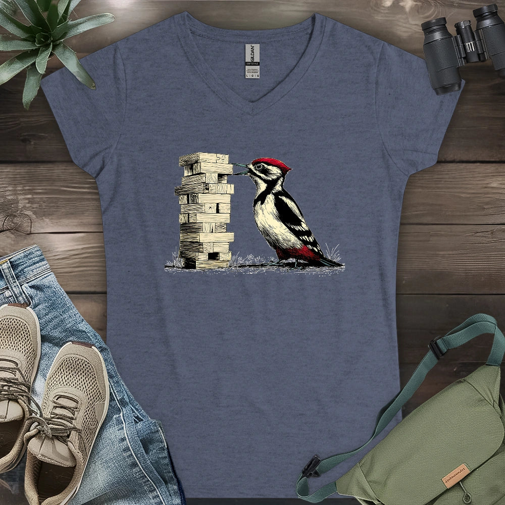 Woodpecker Playing Jenga Lady V-neck