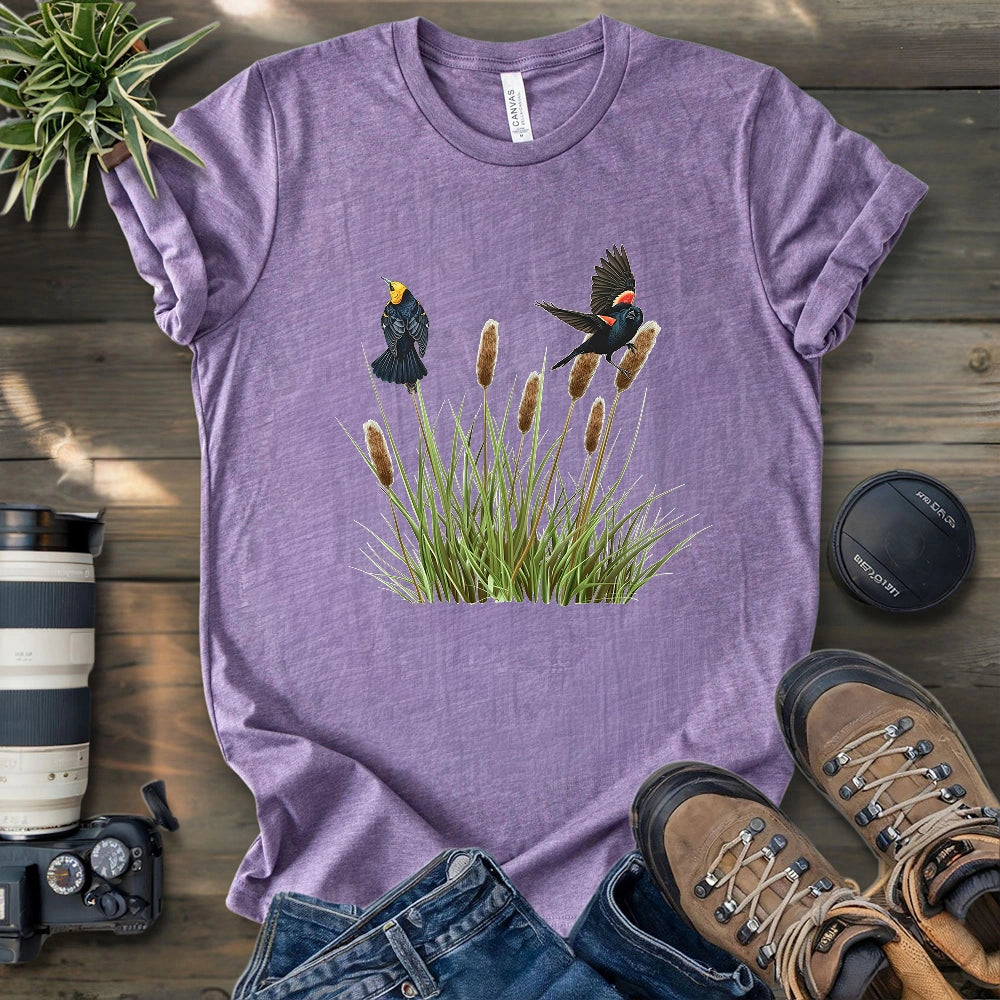 Blackbirds On Cattail Field T-shirt
