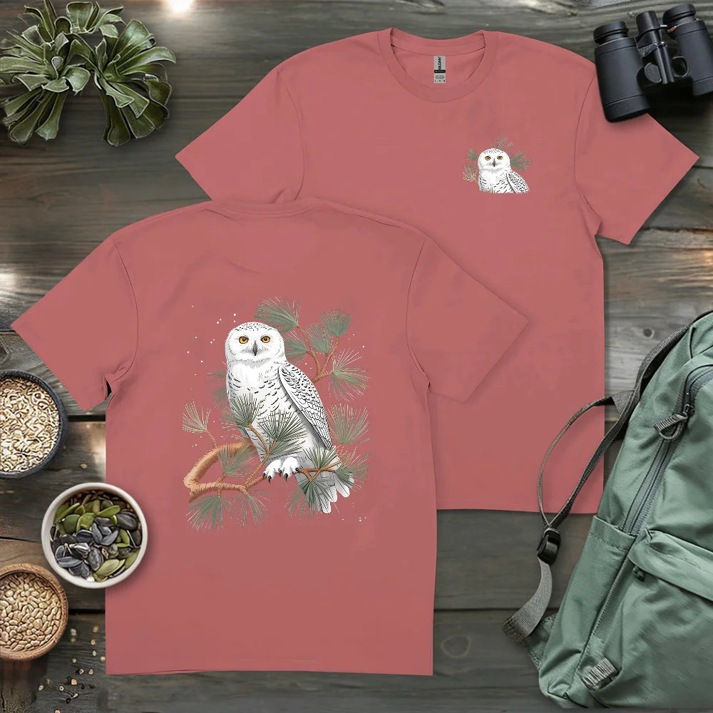 Snowy Owl On Coniferous Tree 2 Side T-shirt
