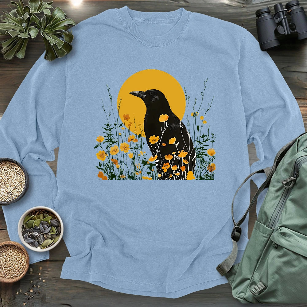 American Crow With Poppies Long Sleeve T-shirt