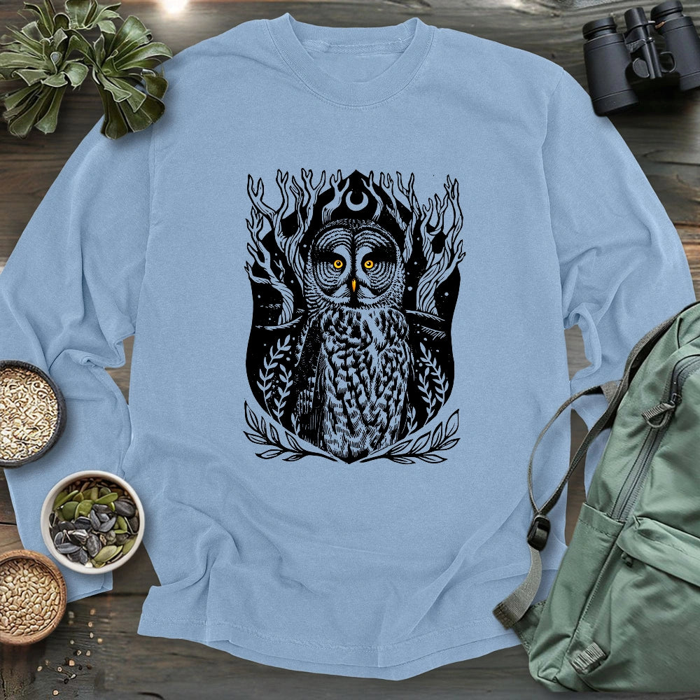 Great Grey Owl Linocut Long Sleeve T-shirt