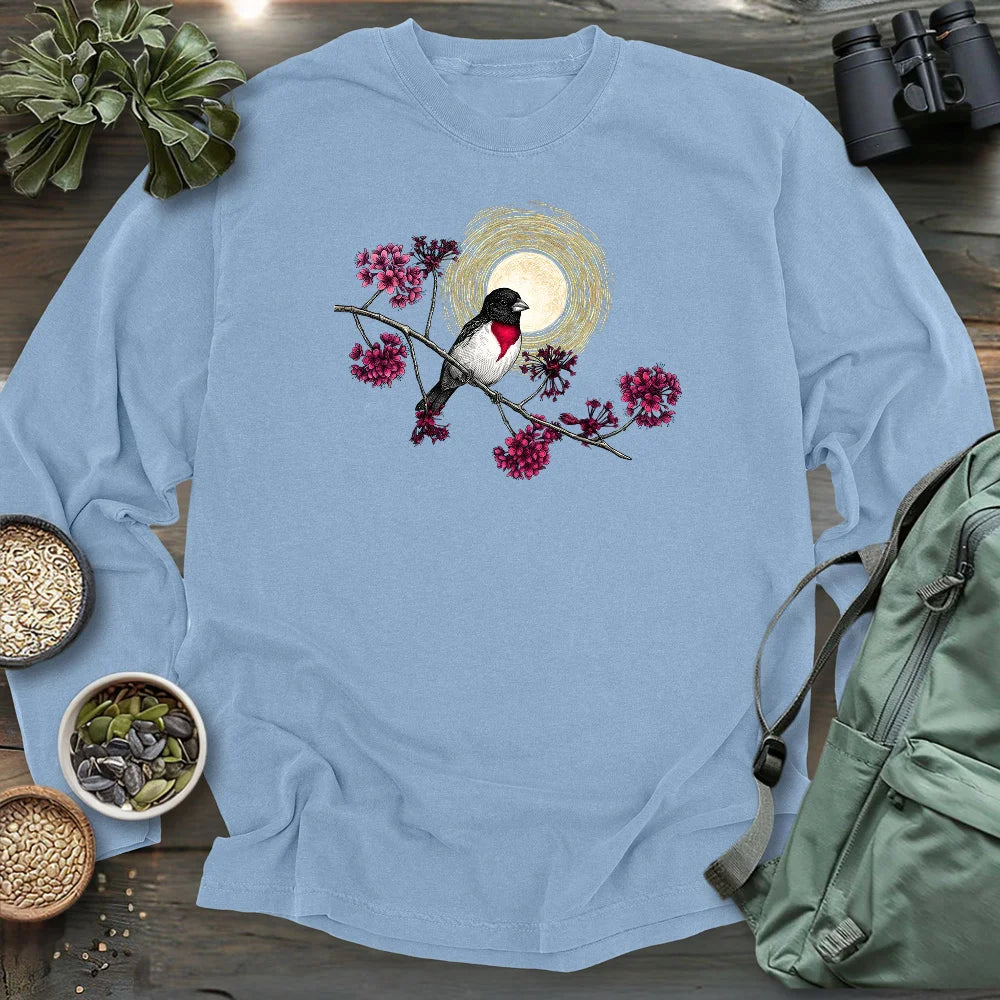 Grosbeak Under Forest's Moonlight Long Sleeve T-shirt