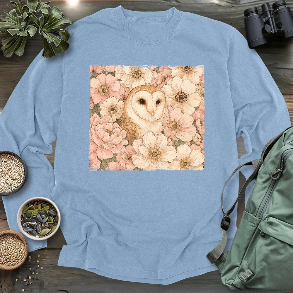 Owl In Flower Field Long Sleeve T-shirt