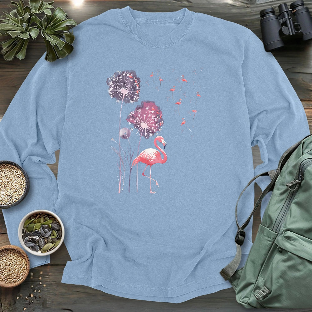 Pink Flamingo Dandelion Long Sleeve T-shirt