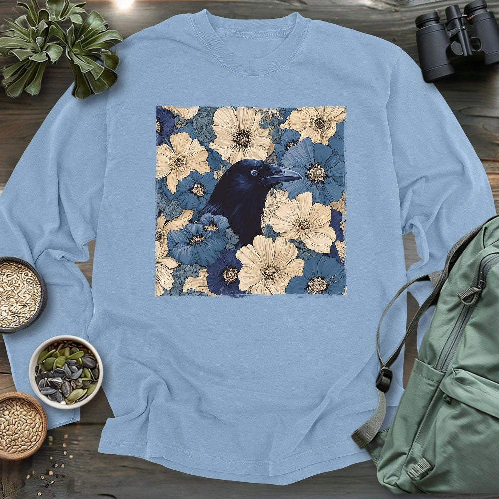 Raven In Flower Field Long Sleeve T-shirt