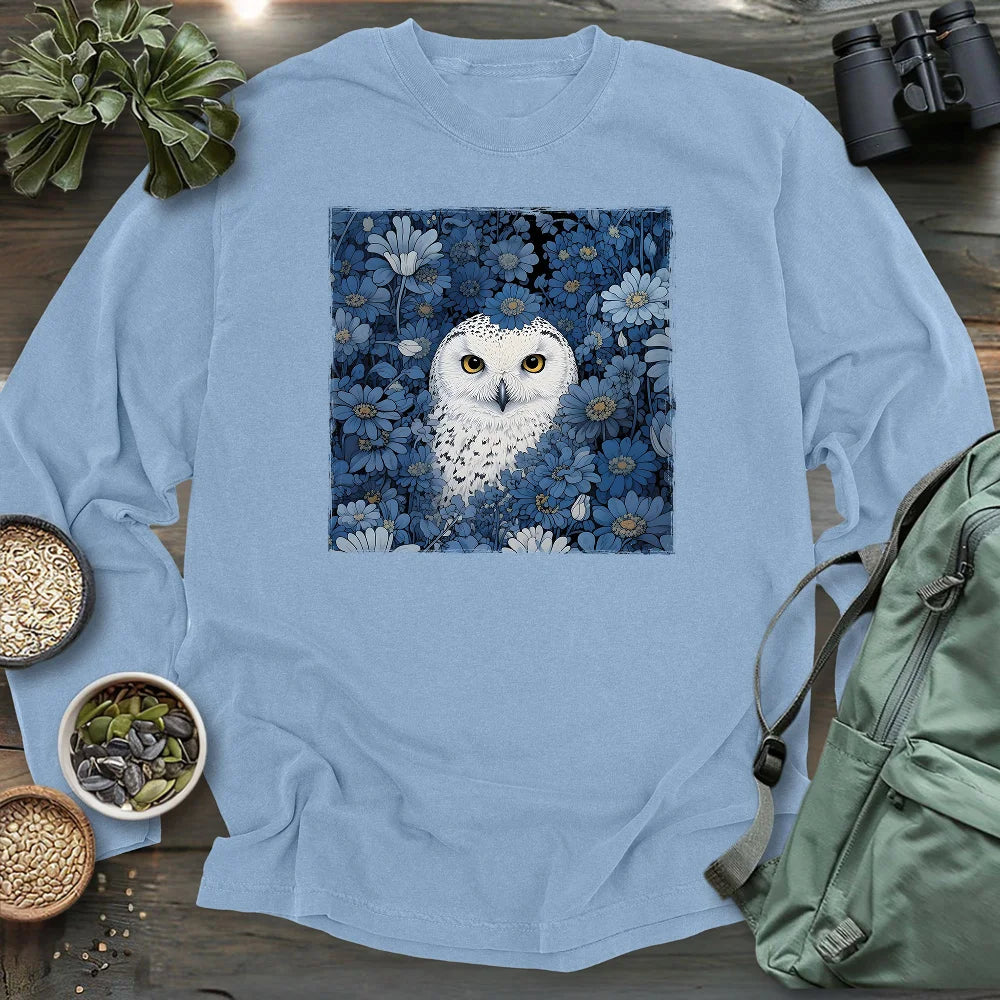 Snowy Owl In Flower Field Long Sleeve T-shirt