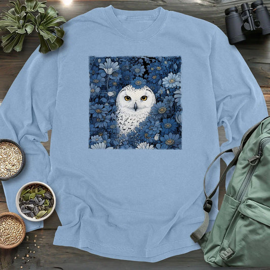 Snowy Owl In Flower Field Long Sleeve T-shirt
