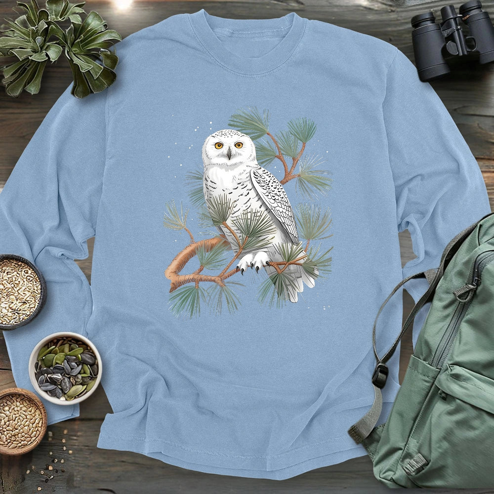Snowy Owl On Coniferous Tree Long Sleeve T-shirt