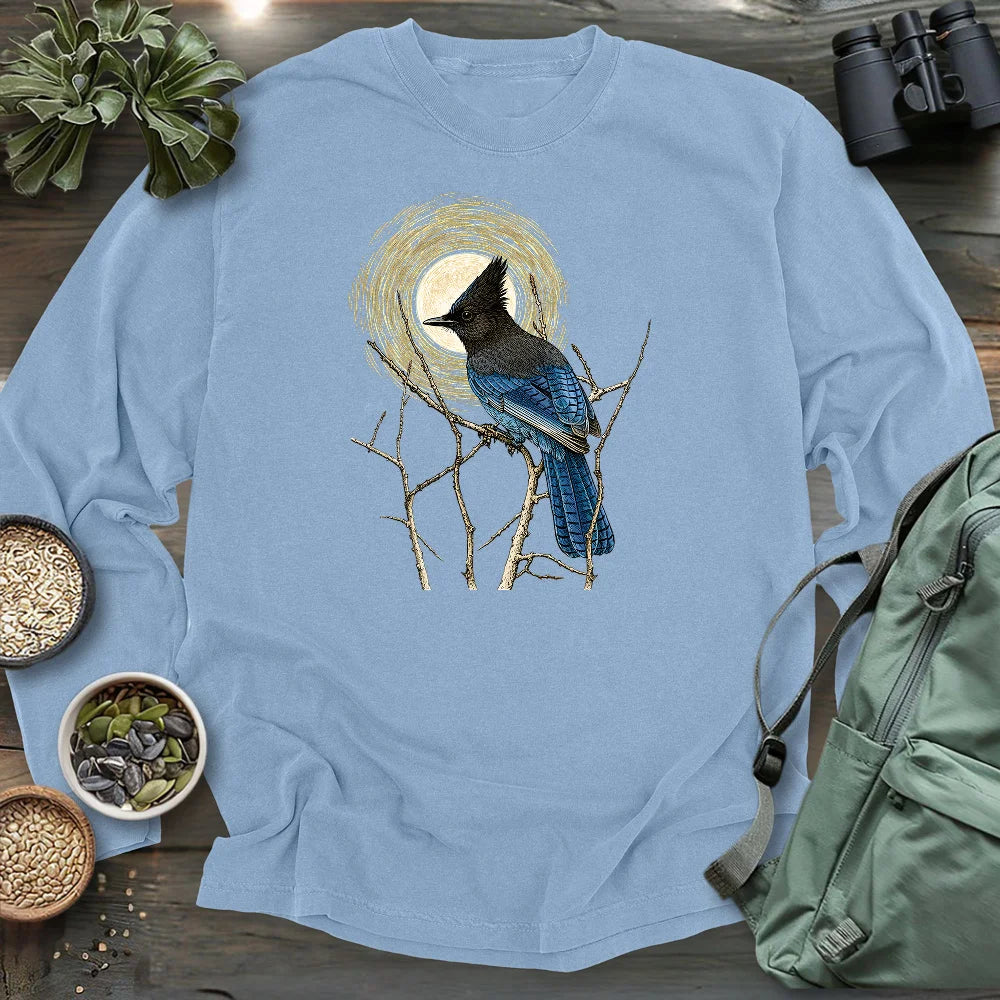Steller's Jay Under Forest Moonlight Long Sleeve T-shirt