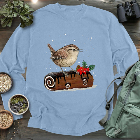 Winter Wren On Yule Log Long Sleeve T-shirt