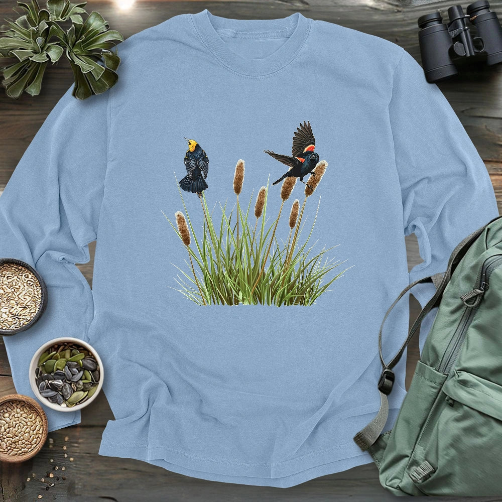Blackbirds On Cattail Field Long Sleeve T-shirt