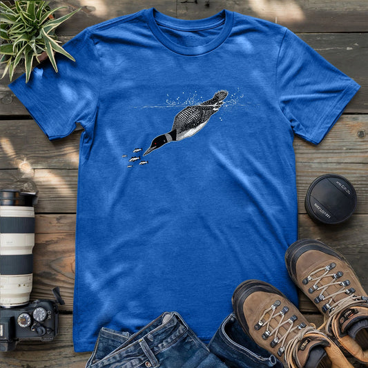 Royal blue loon graphic t-shirt with diving loon design – unisex wildlife outdoor shirt