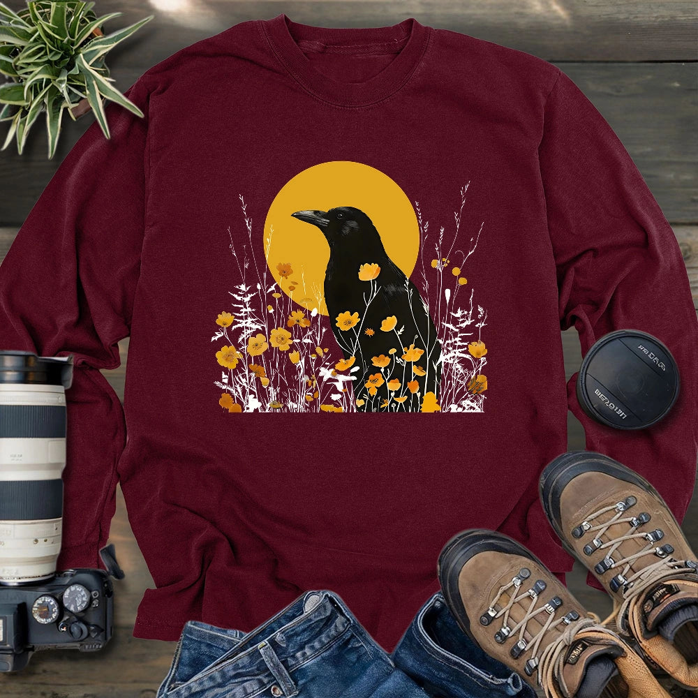 American Crow With Poppies Long Sleeve T-shirt