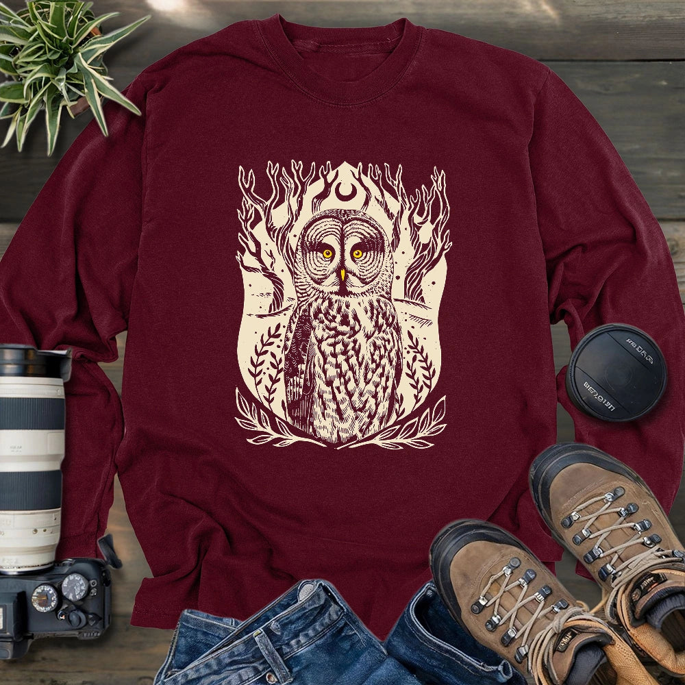 Great Grey Owl Linocut Long Sleeve T-shirt