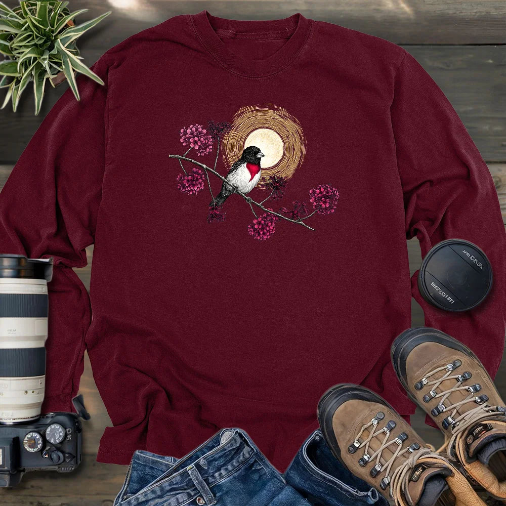 Grosbeak Under Forest's Moonlight Long Sleeve T-shirt