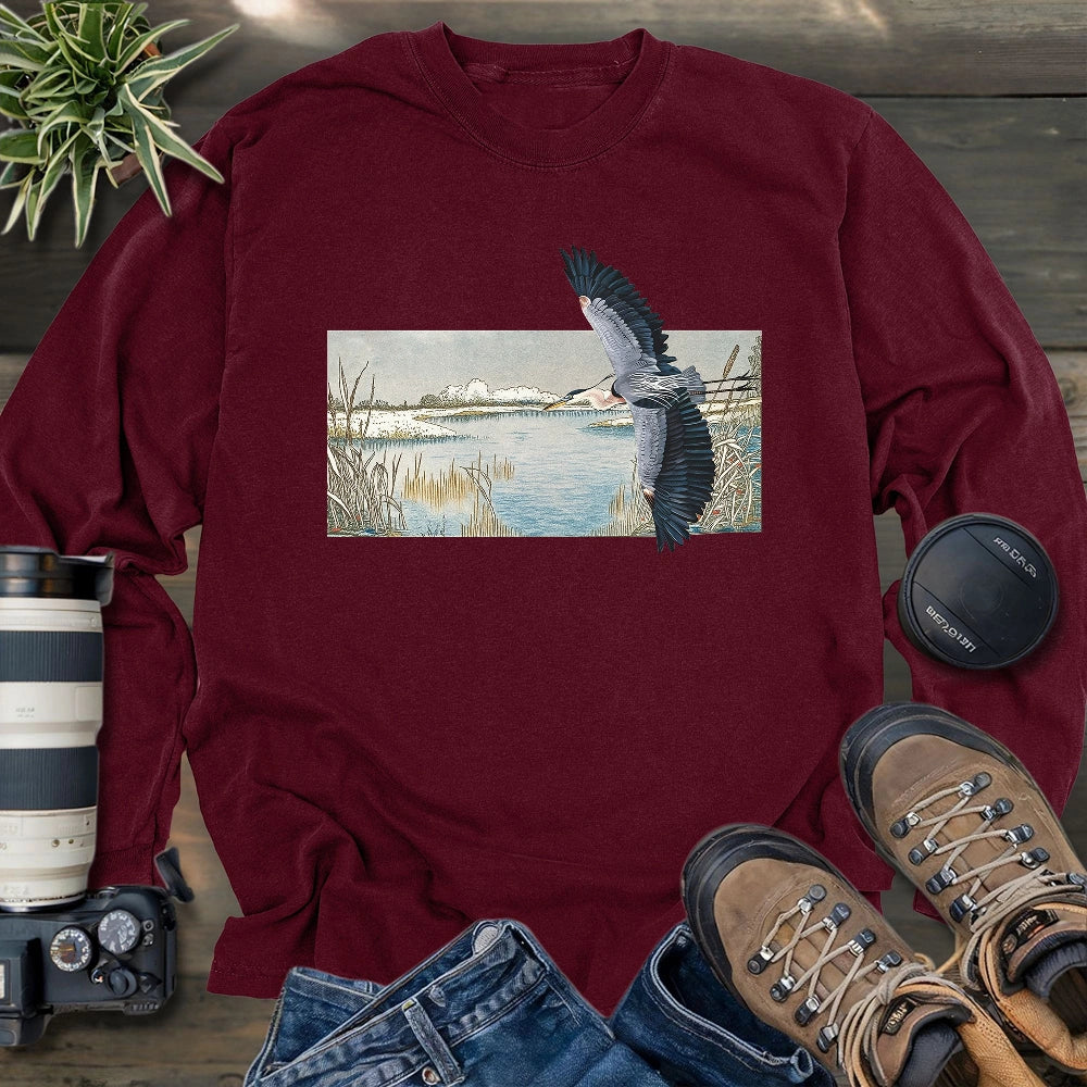 Heron Flying Over Marsh Long Sleeve T-shirt