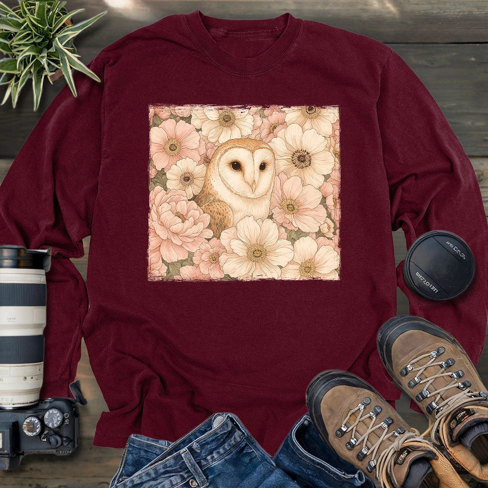 Owl In Flower Field Long Sleeve T-shirt