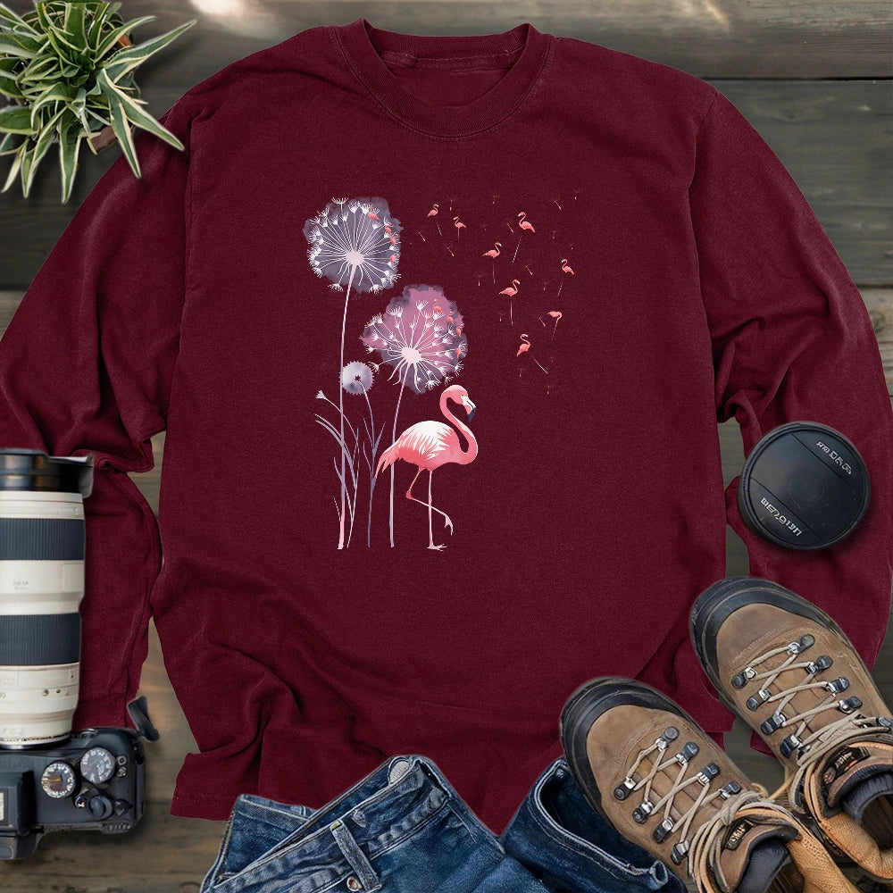Pink Flamingo Dandelion Long Sleeve T-shirt