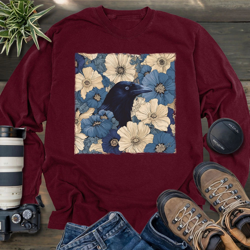 Raven In Flower Field Long Sleeve T-shirt
