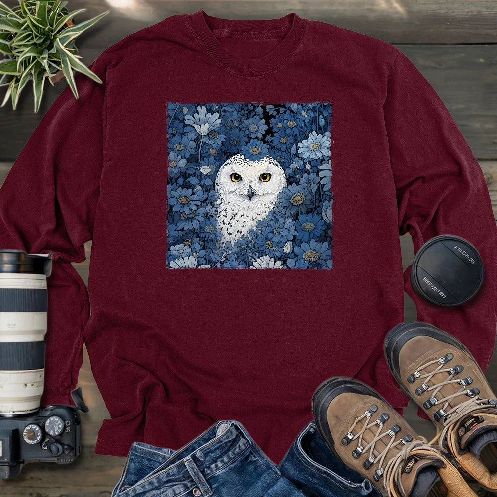 Snowy Owl In Flower Field Long Sleeve T-shirt