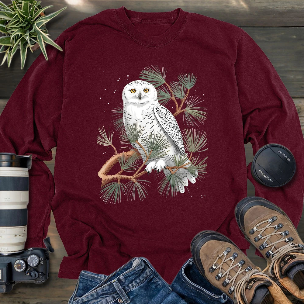 Snowy Owl On Coniferous Tree Long Sleeve T-shirt