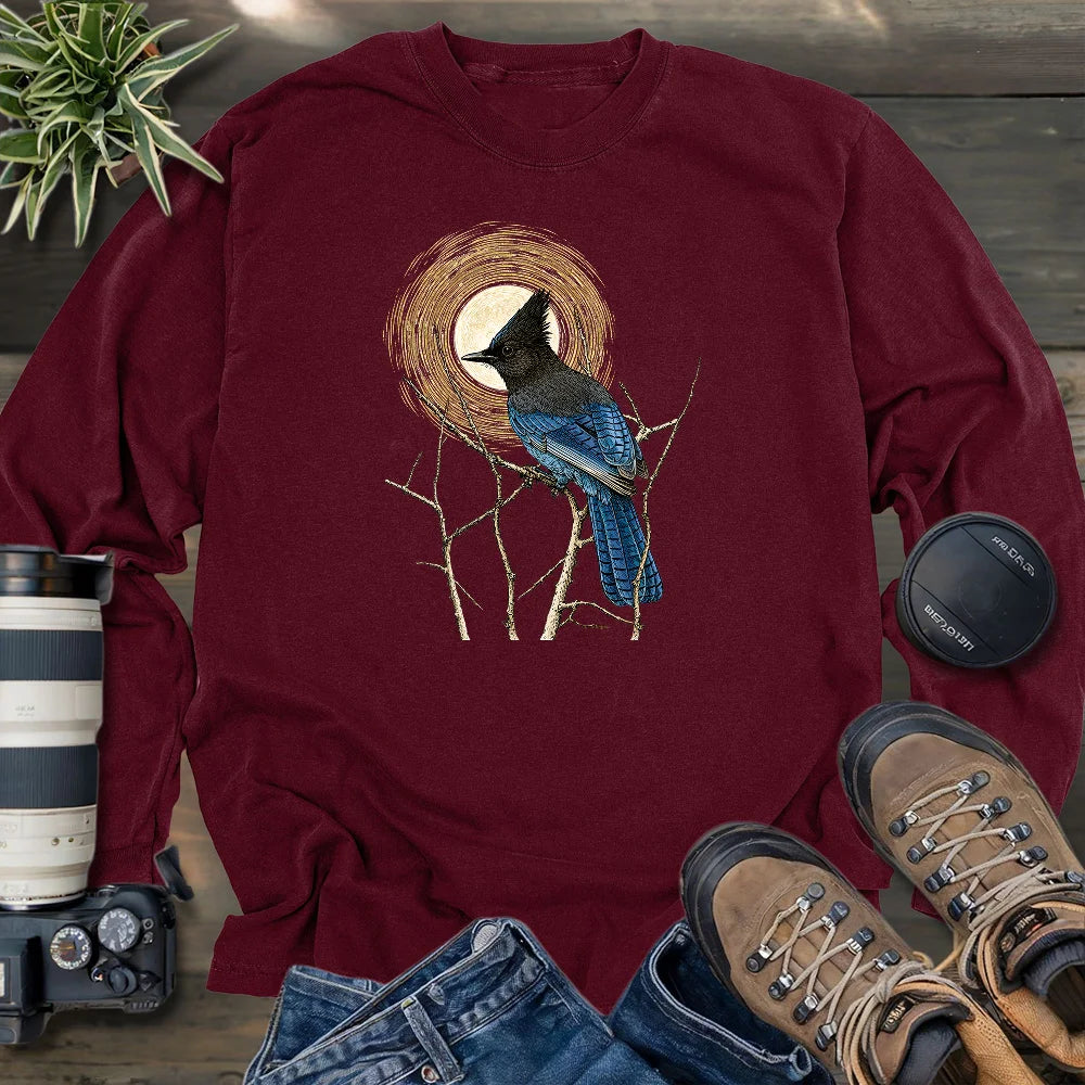 Steller's Jay Under Forest Moonlight Long Sleeve T-shirt