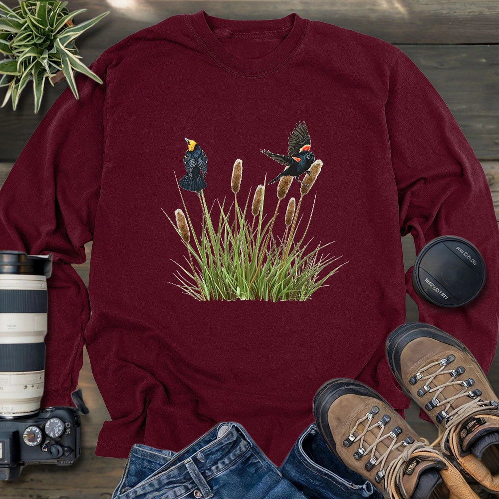 Blackbirds On Cattail Field Long Sleeve T-shirt