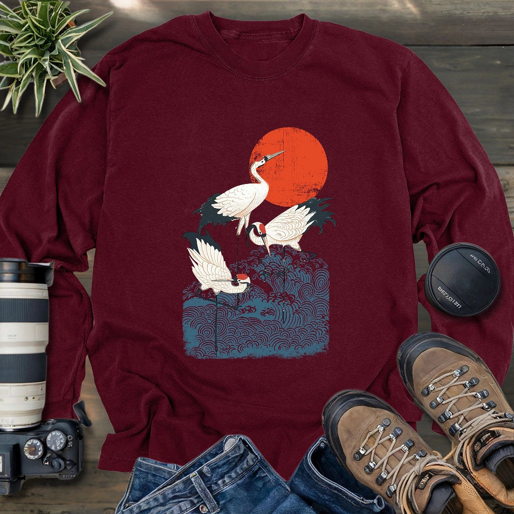 Crimson Sun Cranes Long Sleeve T-shirt