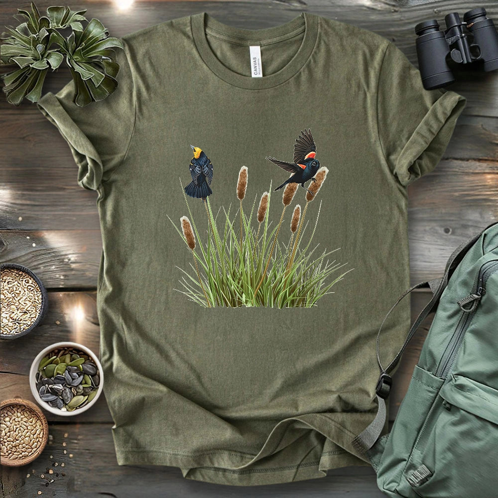 Blackbirds On Cattail Field T-shirt