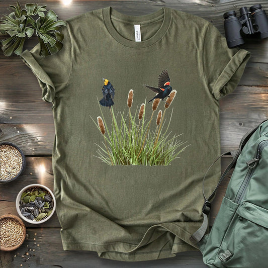 Blackbirds On Cattail Field T-shirt