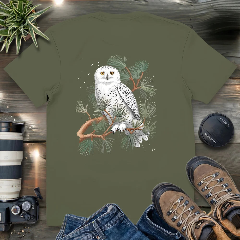 Snowy Owl On Coniferous Tree 2 Side T-shirt