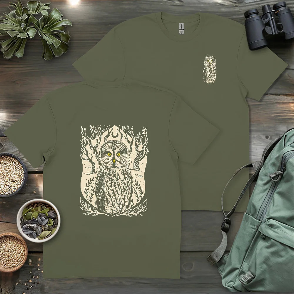Great Grey Owl Linocut 2 Side T-shirt