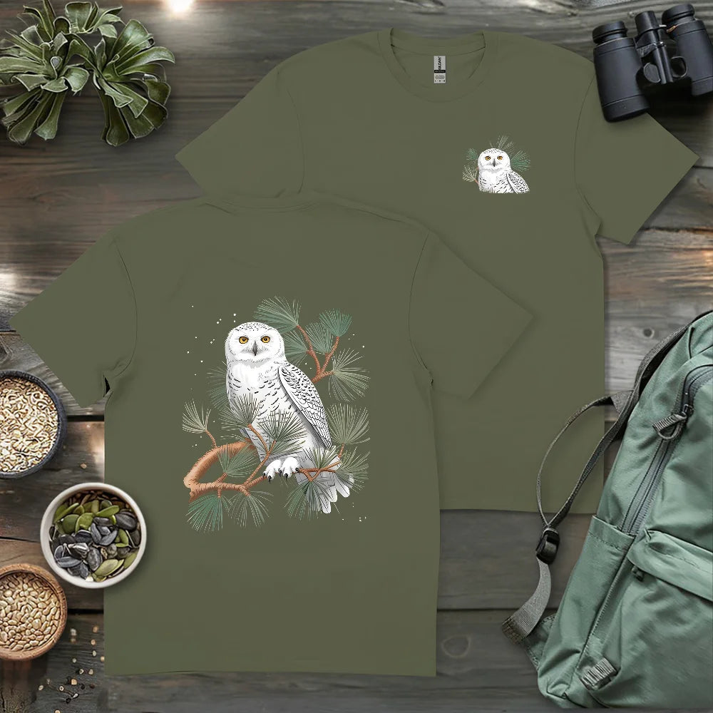 Snowy Owl On Coniferous Tree 2 Side T-shirt