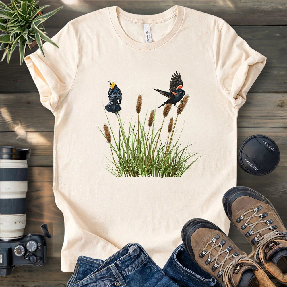 Blackbirds On Cattail Field T-shirt
