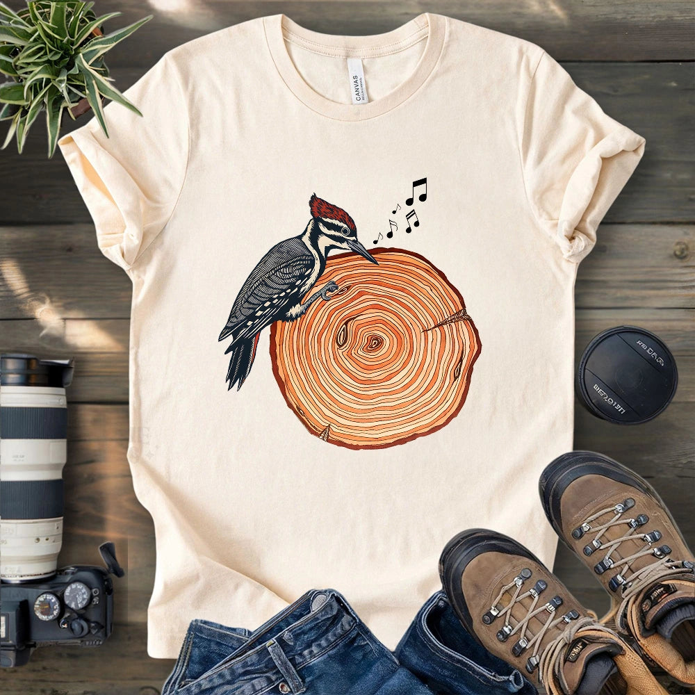 Woodpecker Playing Vinyl T-shirt