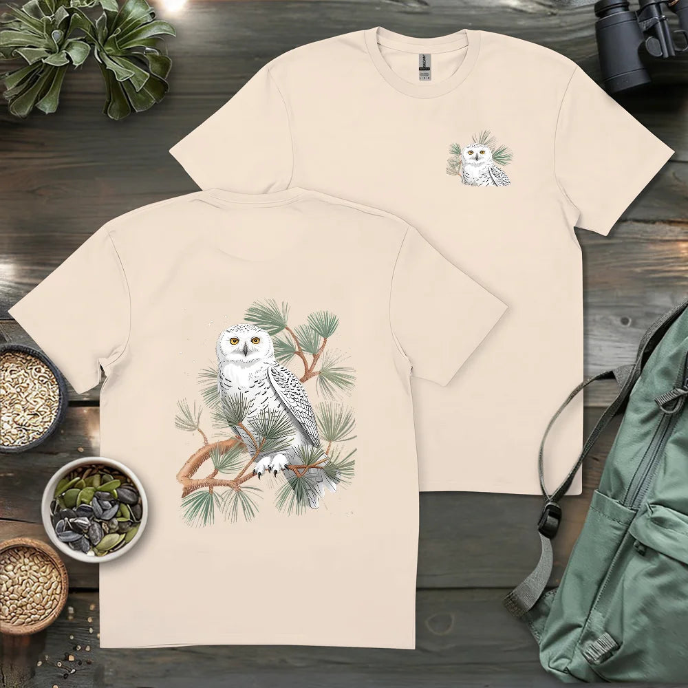 Snowy Owl On Coniferous Tree 2 Side T-shirt