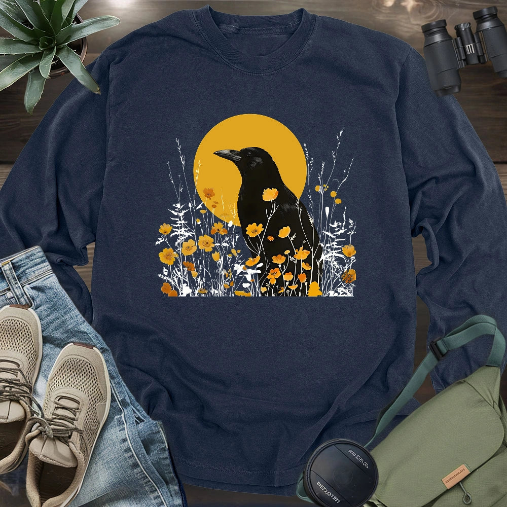 American Crow With Poppies Long Sleeve T-shirt