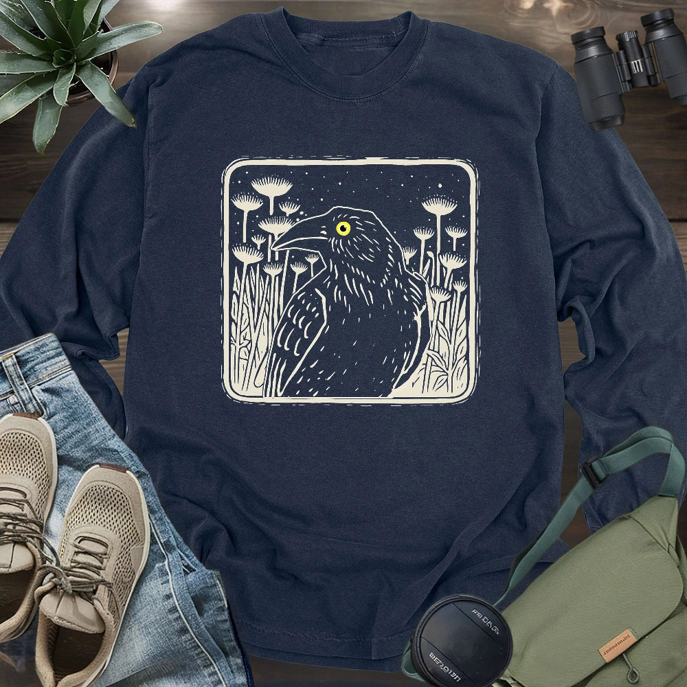 Floral Crow Silhouette Long Sleeve T-shirt