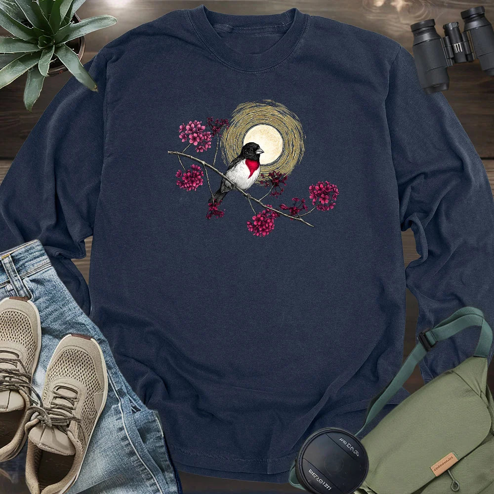 Grosbeak Under Forest's Moonlight Long Sleeve T-shirt