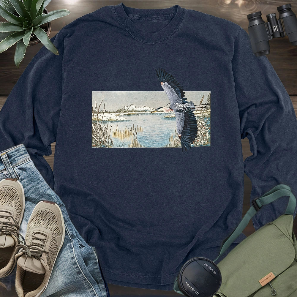 Heron Flying Over Marsh Long Sleeve T-shirt