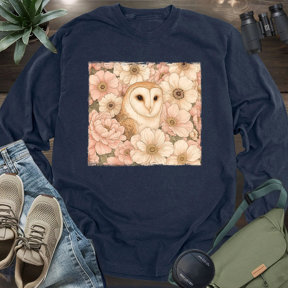Owl In Flower Field Long Sleeve T-shirt