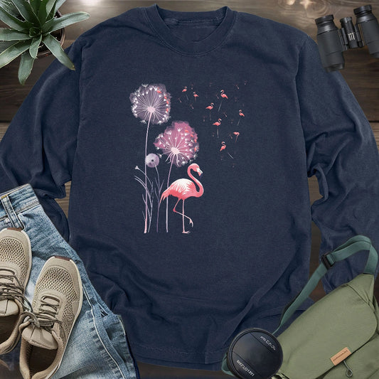 Pink Flamingo Dandelion Long Sleeve T-shirt