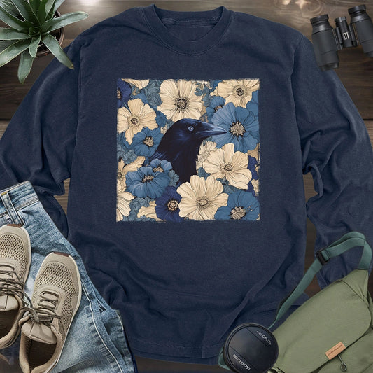 Raven In Flower Field Long Sleeve T-shirt