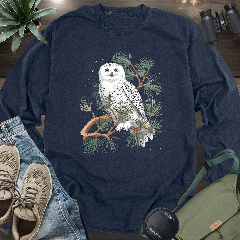 Snowy Owl On Coniferous Tree Long Sleeve T-shirt